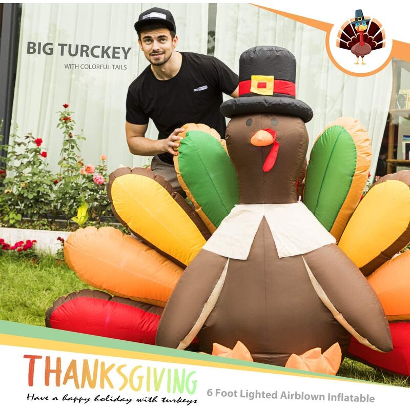 5X7ft High Inflatable Turkey LED Lighted Airblown 2024 Thanksgiving Outdoor Yard Deco